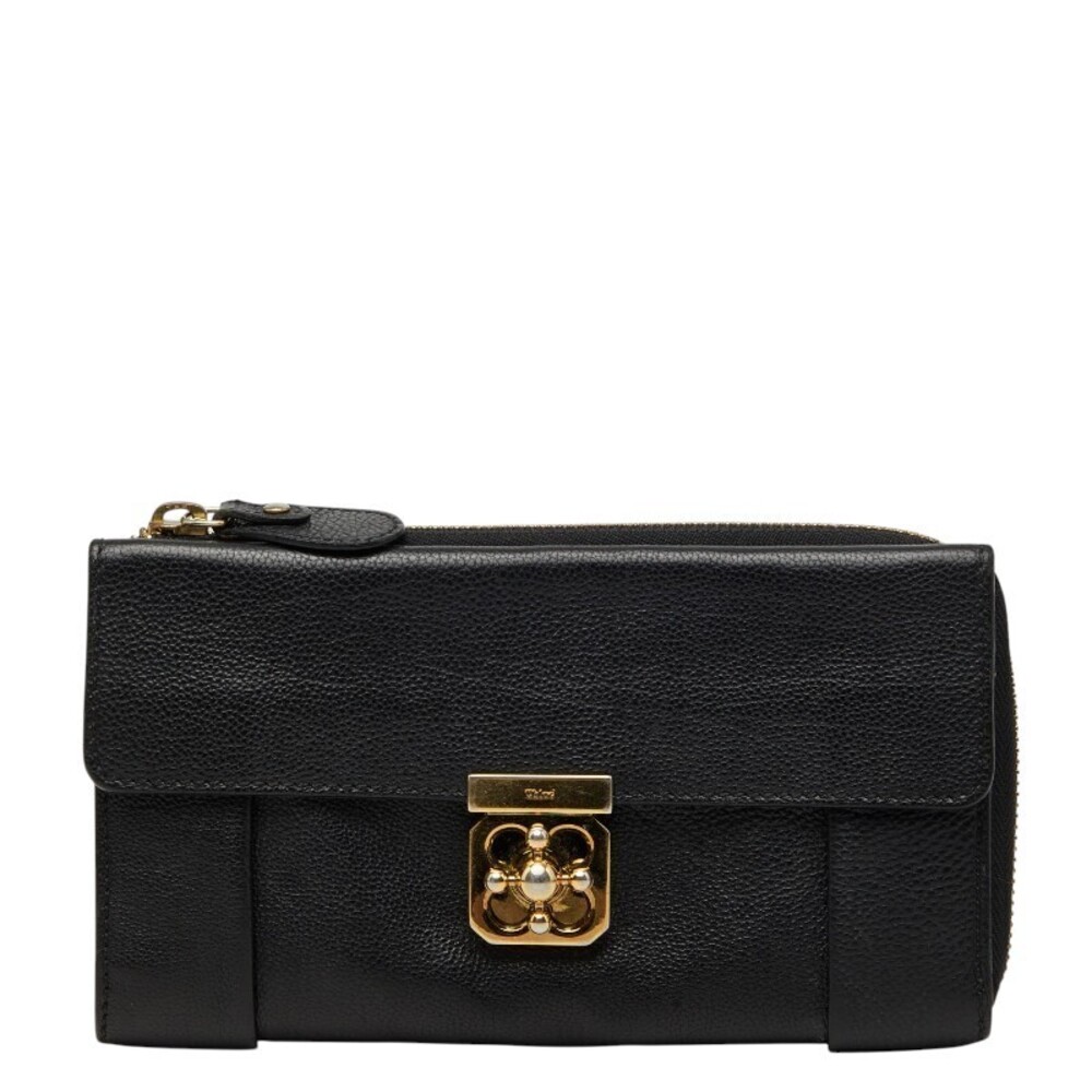 Chloe Elsie L shaped zipper long wallet black leather